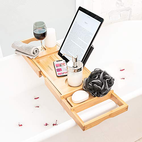 Bamboo Bathtub Tray Caddy Expandable - Over The Tub Bath Caddy Tray for Bathtub Accessories for Relaxing Spa, Bamboo Bath Tray for Tub Accessories for Bathtub for Women. Bath Spa Gifts for Women.