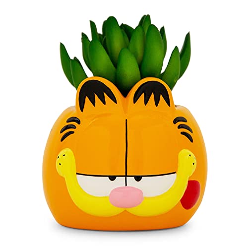 Toynk Garfield 4-Inch Ceramic Planter with Artificial Succulent | Cute Flower Pot, Faux Indoor Plants