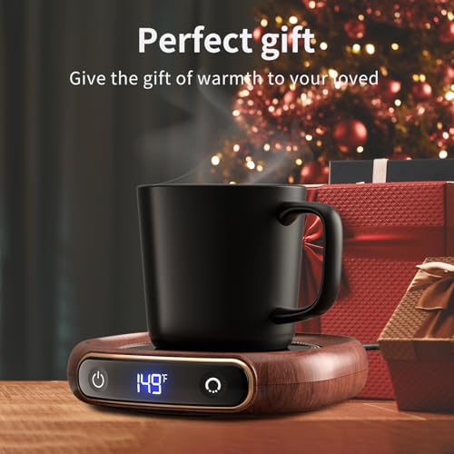 Lerat Coffee Mug Warmer & Mug Set for Desk, Electric Coffee Cup Warmer with Auto Shut Off, 3 Temperature Setting Smart Cup Warmer for Heating Coffee, Milk, Beverage, Candle Jar (Wood), 8oz