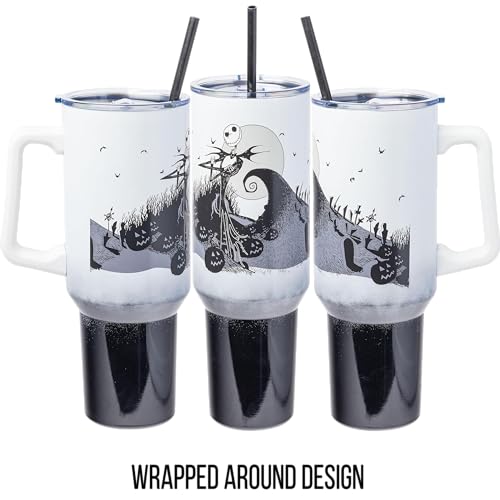 Silver Buffalo Disney Nightmare Before Christmas by Tim Burton Jack Skellington Hill and Moon Stainless Steel Tumbler with Handle and Straw, Fits in Standard Cup Holder, 40 Ounces