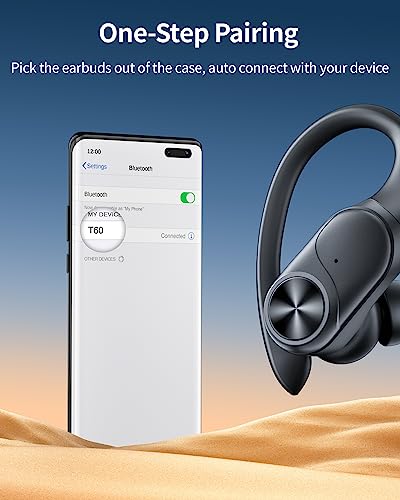 PocBuds Bluetooth Headphones Wireless Earbuds 80hrs Playtime Wireless Charging Case Digital Display Sports Ear Buds with Earhook Deep Bass IPX7 Waterproof Over-Ear Earphones for TV Phone Laptop Black