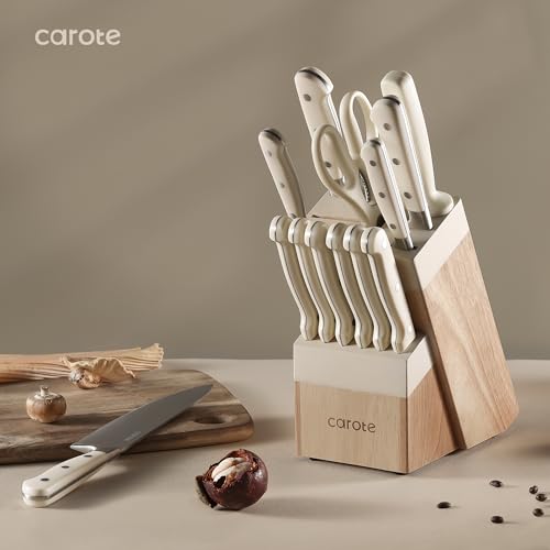 CAROTE 14 Pieces Knife Set with Block, Forged, High Carbon Stainless Steel Sharp Blade Block Knife Set, Dishwasher Safe Cutlery, Cream