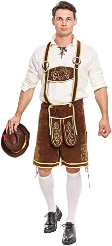 Spooktacular Creations Halloween Men’s Oktoberfest Costume Set, Lederhosen Men with German Bavarian Hat, Beer Costume, Adults Halloween Costumes Brown Outfit for Beer Festival Party (Large)