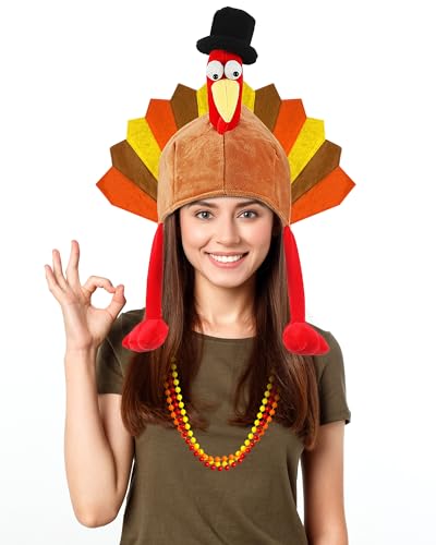 Hikkcos Thanksgiving Turkey Hat and 3 Packs Bead Necklaces Turkey Head Costume Plush Gobbler Hat for Thanksgiving Trot Dress Up Party, Role Play and Carnival Cosplay