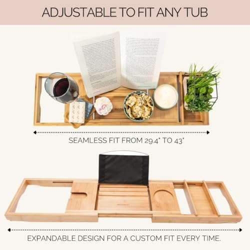 Bamboo Bathtub Tray Caddy Expandable - Over The Tub Bath Caddy Tray for Bathtub Accessories for Relaxing Spa, Bamboo Bath Tray for Tub Accessories for Bathtub for Women. Bath Spa Gifts for Women.