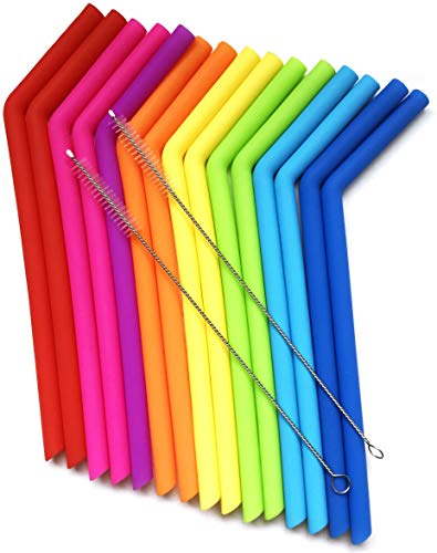 15 FITS ALL TUMBLERS STRAWS - Reusable Silicone Straws for 30 and 20 oz Yeti - Flexible Easy to Clean + 2 Cleaning Brushes - BPA Free, No Rubber Taste Drinking - Best Value for Money Pack