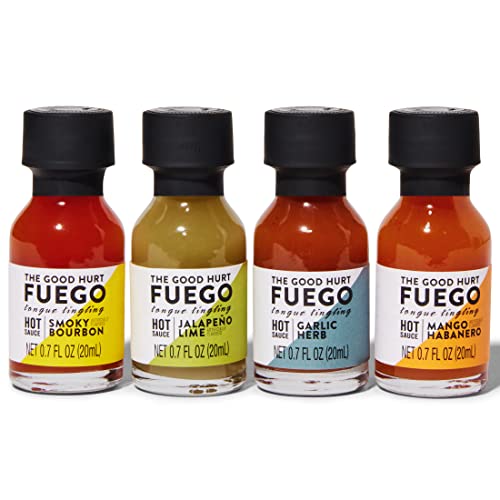 The Good Hurt Fuego by Thoughtfully, Emergency Kit Hot Sauce Gift Set, Flavors Include Smoky Bourbon, Jalapeno Lime, Mango Habanero, and Garlic Herb, Set of 4