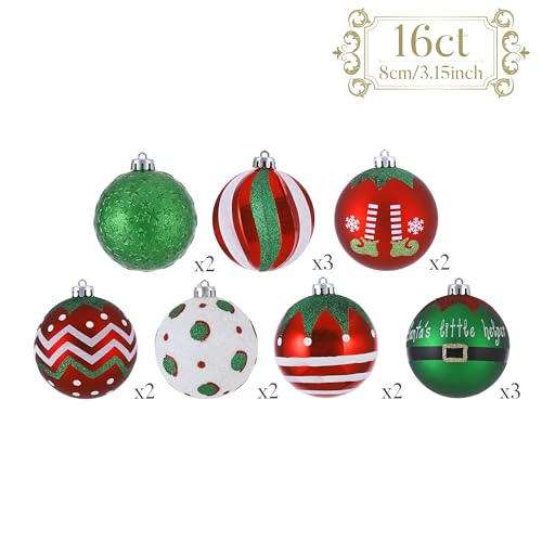 Valery Madelyn Christmas Ornaments Tree Decorations, 16ct Elf Red Green White Shatterproof Christmas Ball Ornaments Set, 3.15 Inch Decorative Hanging Ornament Bulk for Xmas Holiday Party Decor