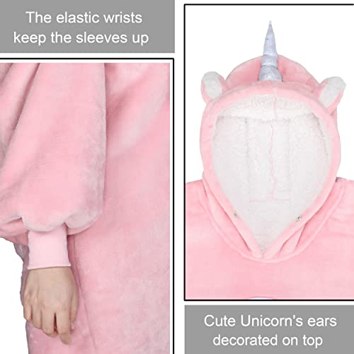 Solaris Pink Unicorn Wearable Blanket Hoodie for Kids - Warm Soft Gift, Oversized Cozy Sherpa Fleece Sweatshirt Pullover for Teens, Girls, Boys