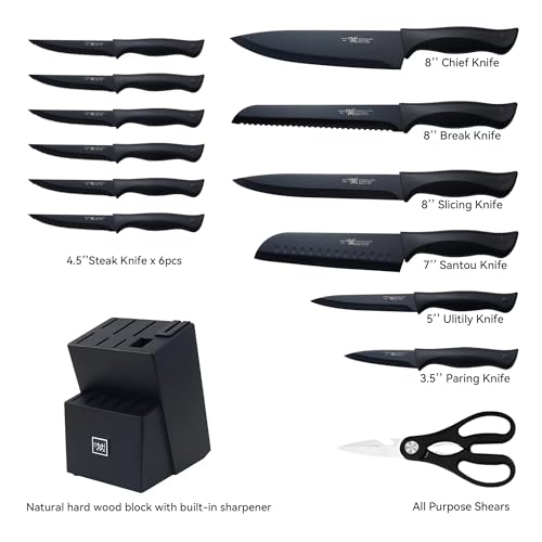 Knife Sets for Kitchen with Block, HUNTER.DUAL 15 Pcs Kitchen Knife Set with Block Self Sharpening, Dishwasher Safe, Anti-slip Handle, Black