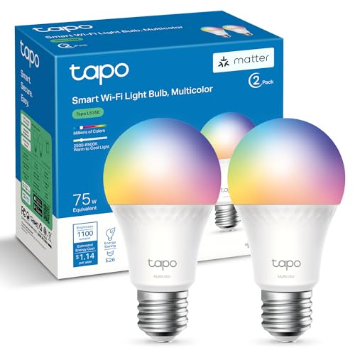 Tapo TP-Link Smart Light Bulbs, 1100 Lumens High Brightness (75W Equivalent), Matter-Certified, 16M Colors WiFi Light Bulb, Dimmable, Works w/Siri, Alexa & Google Home, A19 E26, L535E(2-Pack)