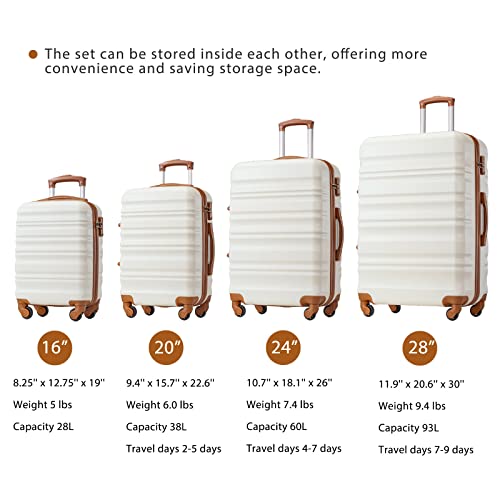 LONG VACATION Luggage Set 4 Piece Luggage ABS hardshell TSA Lock Spinner Wheels Luggage Carry on Suitcase (WHITE-BROWN, 6 piece set)