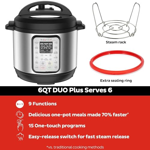 Instant Pot Duo Plus 9-in-1 Electric Pressure Cooker, Slow Cooker, Rice Cooker, Steamer, Sauté, Yogurt Maker, Warmer & Sterilizer, Includes App With Over 800 Recipes, Stainless Steel, 6 Quart