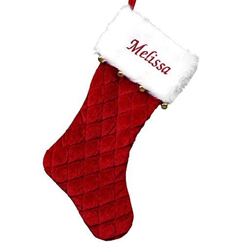 GiftsForYouNow Red Velvet Quilted Personalized Christmas Stocking with Bells, 21", Embroidered Stocking with Name, Custom Christmas Stocking, Red Stocking