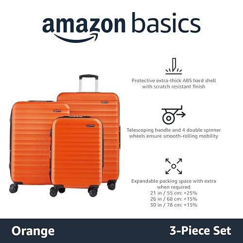 Amazon Basics 3-Piece Hardshell Luggage Set with Wheels and Scratch-Resistant Surface, Includes (21", 26", 30") Carry On Suitcases, Orange