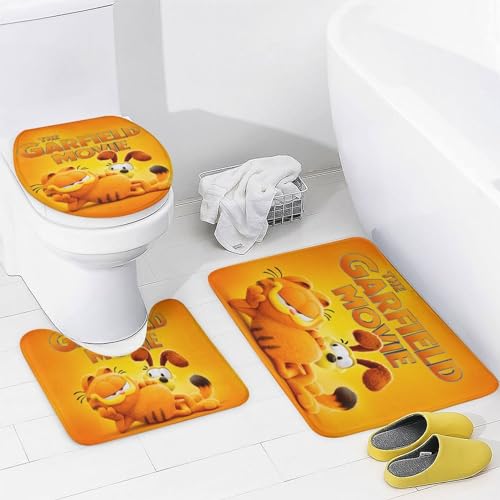 Fatimusy Cartoon Cat Cute Shower Curtain Set with Non-Slip Rug, Toilet Lid Cover, Bath Mat，Decorative Bathroom Set, Style 1