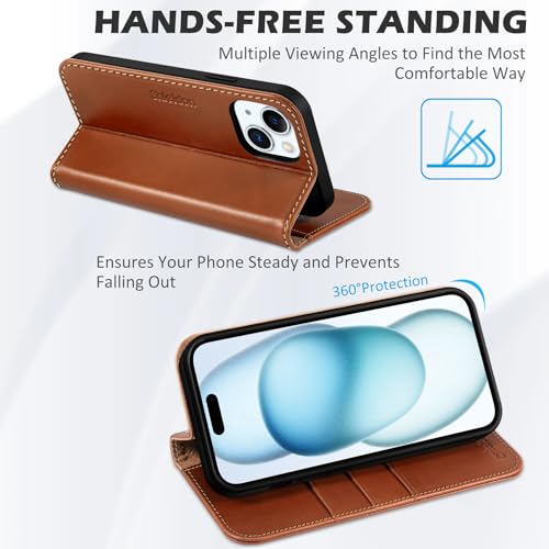 SHIELDON Case for iPhone 15 5G 2023, Genuine Leather Wallet Book Case Magnetic RFID Blocking Credit Card Holder Kickstand Shock Absorbing Case Compatible with iPhone 15 6.1" - Retro Brown