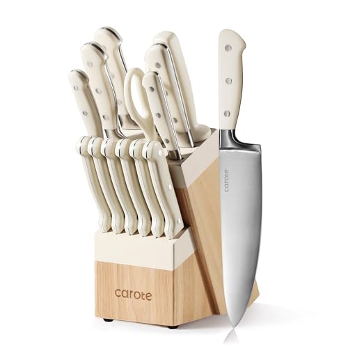 CAROTE 14 Pieces Knife Set with Block, Forged, High Carbon Stainless Steel Sharp Blade Block Knife Set, Dishwasher Safe Cutlery, Cream