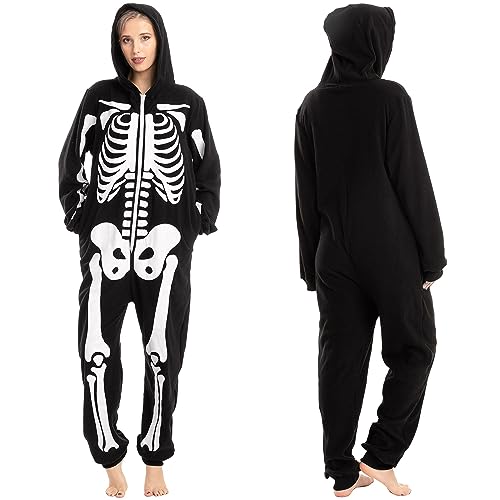 Spooktacular Creations Skeleton Costume, Unisex Adult Skeleton Pajamas, Plush Skeleton Hoodie Zippered Skeleton Jumpsuit, One Piece Halloween Costume Sleepwear for Cosplay Themed Parties (Large)