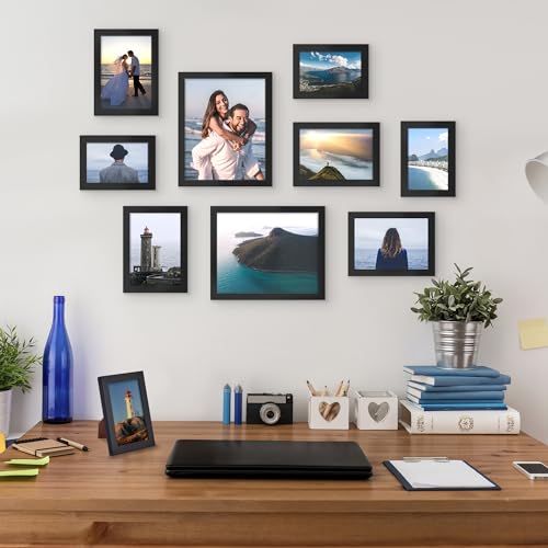 upsimples 10 Pack Picture Frames Set, Gallery Wall Frame Set for Wall Mounting or Tabletop Display, Multi Sizes Including 8x10, 5x7, 4x6 Family Photo Collage Frames for Wall Decor, Black