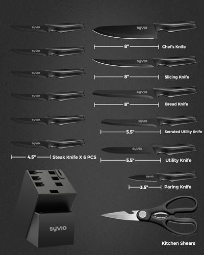 Utility Knife Set, syvio 15pcs Knife Sets for Kitchen with Block and Sharpener, Razor-Sharp, Effortless Sharpening, Premium Kitchen Knives with Heavy Poultry Shears and 6pcs Serrated Steak Knives