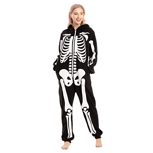 Spooktacular Creations Skeleton Costume, Unisex Adult Skeleton Pajamas, Plush Skeleton Hoodie Zippered Skeleton Jumpsuit, One Piece Halloween Costume Sleepwear for Cosplay Themed Parties (Large)