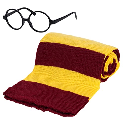 obmwang Novelty Wizard Glasses and Striped Knit Scarf Cosplay Costumes Accessories for Halloween, Birthday Themed Party