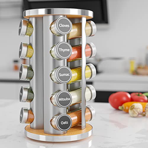 Revolving Spice Rack Set with 20 Spice Jars, Kitchen Spice Tower Organizer for Countertop or Cabinet -- Carousel Storage Includes 386 Spice Labels -- Desktop Rotating Seasoning Organizer