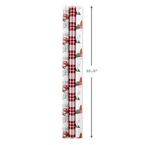 Hallmark Holiday Wrapping Paper Rolls - Rustic Christmas Gift Wrap Paper (Set of 3 Reversible Rolls: 120 sq. ft. ttl.) Plaid, Barn, Red Truck, Moose, Woodland Scenes