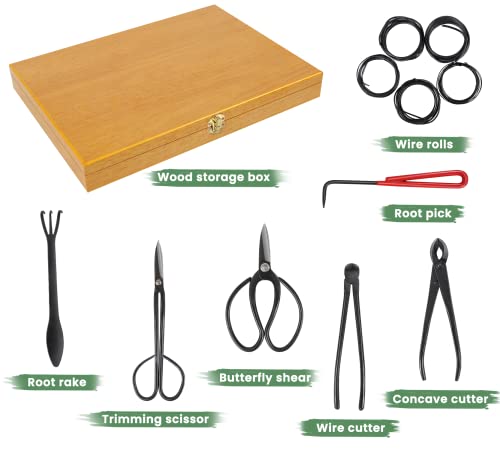 Bonsai Tools Set with Wood Box 12PCS Heavy Duty Bonsai Tree Kit, Trimming Scissor Shears, Concave Cutter, Wire Rolls, Wire Cutter and More, Gardening Bonsai Pruning & Care Kit