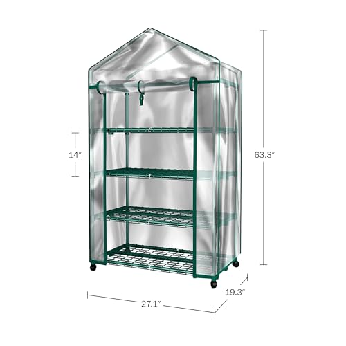 4 Tier Mini Greenhouse - Portable Greenhouse with Locking Wheels and PVC Cover for Indoor or Outdoor - 27 x 19 x 63-Inch Green House by Home-Complete