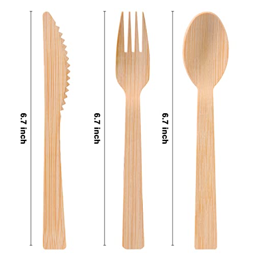 Pre Rolled Napkin and Bamboo Cutlery Set - 50Pack Bamboo Utensils/Compostable Cutlery(50 Forks, 50 Knives, 50 Spoons, 50 Napkins), Biodegradable Wrapped Cutlery for Party, Banquet, Wedding