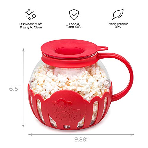 Ecolution Patented Micro-Pop Microwave Popcorn Popper with Temperature Safe Glass, 3-in-1 Lid Measures Kernels and Melts Butter, Made Without BPA, Dishwasher Safe, 3-Quart, Red