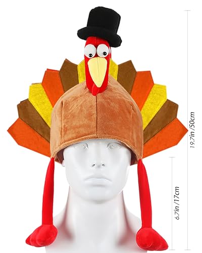 Hikkcos Thanksgiving Turkey Hat and 3 Packs Bead Necklaces Turkey Head Costume Plush Gobbler Hat for Thanksgiving Trot Dress Up Party, Role Play and Carnival Cosplay