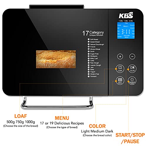 KBS Pro Stainless Steel Bread Machine, 2LB 17-in-1 Programmable XL Bread Maker with Fruit Nut Dispenser, Nonstick Ceramic Pan& Digital Touch Panel, 3 Loaf Sizes 3 Crust Colors, Reserve& Keep Warm Set