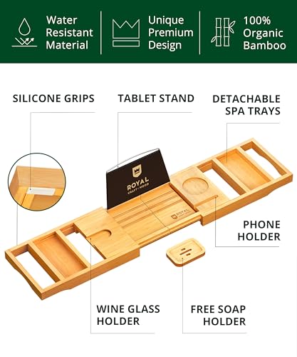 ROYAL CRAFT WOOD Premium Foldable Bathtub Tray - Expandable Bath Tray for Tub - Unique House Warming Bath Tub Tray Wood - Luxury Bathtub & Bathroom Accessories for New Home, Relaxing Spa, Women