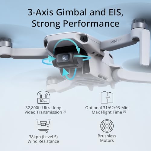 DJI Mini 4K, Drones with Camera for Adults 4K, Under 249 g, 3-Axis Gimbal Stabilization, 10km Video Transmission, Auto Return, Wind Resistance, 31-Min Max Flight Time, Drone for Beginners