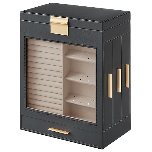 SONGMICS Jewelry Box with Glass Window, 5-Layer Jewelry Organizer with 3 Side Drawers, Jewelry Storage, with Big Mirror, Modern, 6.1 x 10.3 x 12.6 Inches, Slate Gray and Metallic Gold UJBC162G01