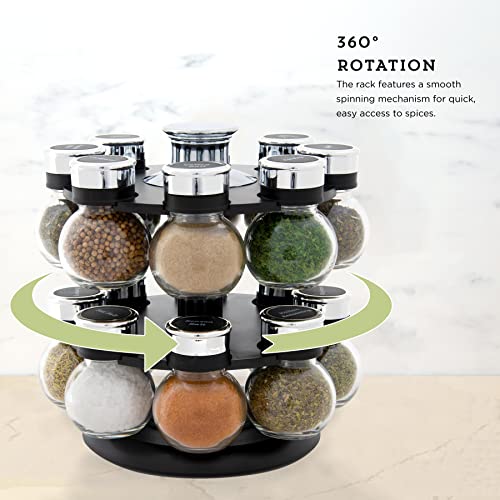 Kamenstein 16 Jar Ellington Revolving Countertop Spice Rack with Lift & Pour Caps and Spices Included, FREE Spice Refills for 5 Years: Black and Chrome