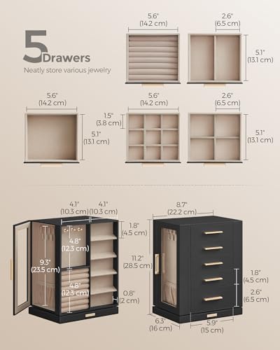 SONGMICS Jewelry Box 360° Rotating, Jewelry Storage Case with 5 Drawers, Jewelry Organizer, Glass Window, Spacious, Vertical Jewelry Storage, Open Design, Great Gift, Graphite Black UJBC170B01