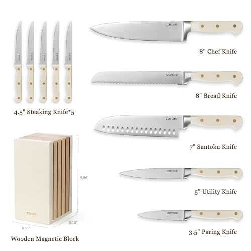 CAROTE 11PCS Knife Set with Block for kitchen, Stainless Steel Razor-Sharp Blade, Triple Riveted Ergonomic Handle,Essential Knife Set, Beige