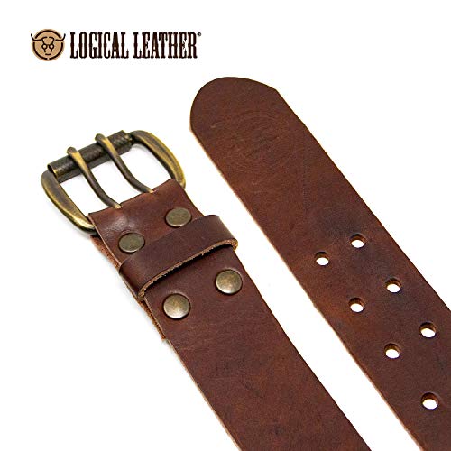 Logical Leather Men's Work Belt - Heavy Duty Genuine Full Grain Leather Double Prong Belts - Brown 38