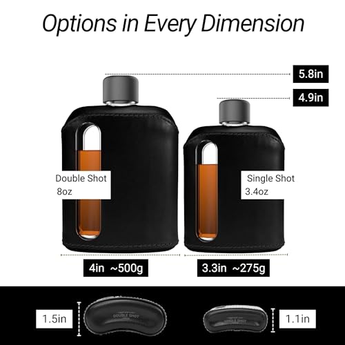 Ragproper Modern Glass Hip Flask - Durable Leather Covered Flask for Whiskey, Spirits, & Other Liquor - Ideal Glass Flask for Men & Women (Single Shot 100ml, Leather Black)