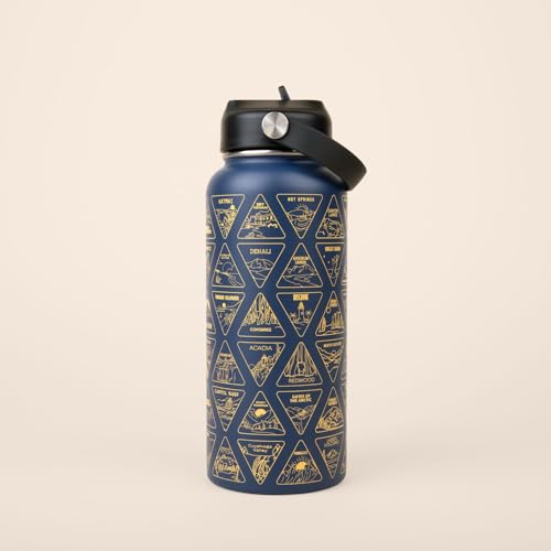 Wondery Original National Parks of the USA Bucket List Travel Water Bottle with Waterproof Stickers and Straw | Ocean 32 oz Screen Printed | Insulated Stainless Steel Vacuum Sealed | Leak Proof