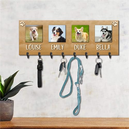 Personalized Photo Dog Leash Holder Custom Wooden Leash Hanger for Wall Dog Leash Rack Wall Mount Organizer Housewarming Birthday Home Decor Gifts for Pet Lovers(2 Dogs,5.7 * 11.8 inches)