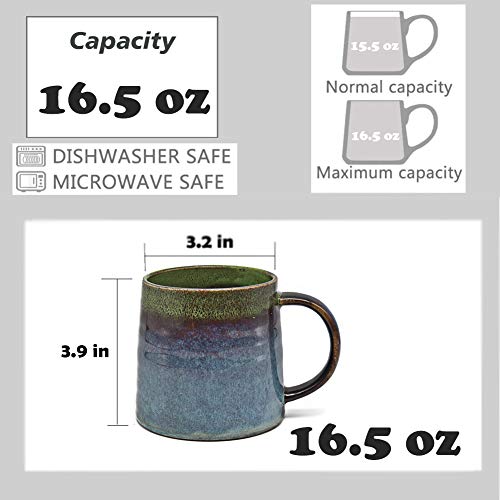 wewlink Large Ceramic Coffee Mug, Pottery Mug,Tea Cup for Office and Home,Handmade Pottery Coffee Mugs,16.5 Oz,Dishwasher and Microwave Safe,kiln altered glaze craft (Green)