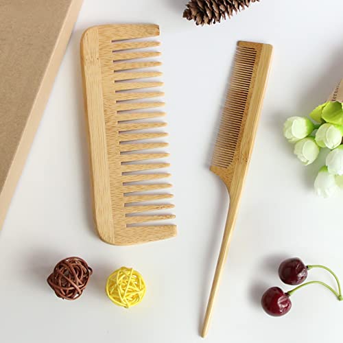 100% Bamboo Hair Brushes and Comb Set by Combetter, Comb for Women and Detangling, Great on All Hair, Eco-Friendly and Handmade for Women Men and Kids