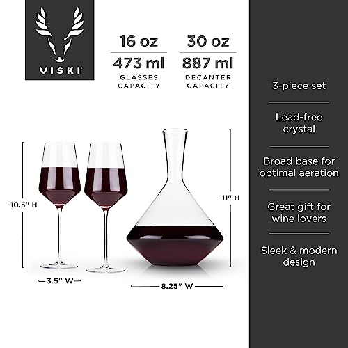 Viski Raye Bordeaux Wine Glasses & Decanter Set - Premium Crystal Clear Glass, Modern, Stemmed, Flat Bottom, Red Wine Gift - Set of 3 , 16 oz and 30 oz