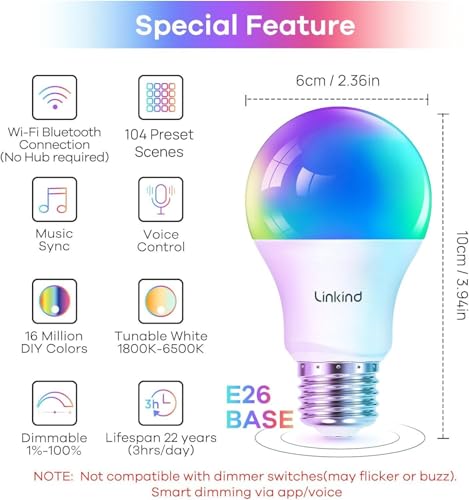 Linkind Smart Light Bulbs, Smart Bulb That Work with Alexa & Google Home, LED Light Bulbs Color Changing, 64 Preset Scenes, Music Sync, A19 E26 2.4GHz RGBTW WiFi Bluetooth Light Bulb 60W, 800LM, 4Pack