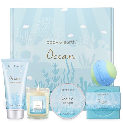 Gifts for Women, Bath and Body Gift Sets for Women with 5 Pcs Ocean Scented Spa Gifts for Women, Bath Gifts for Women with Scented Candle, Body Butter, Hand Cream, Bath Bomb, Christmas Gifts for Women